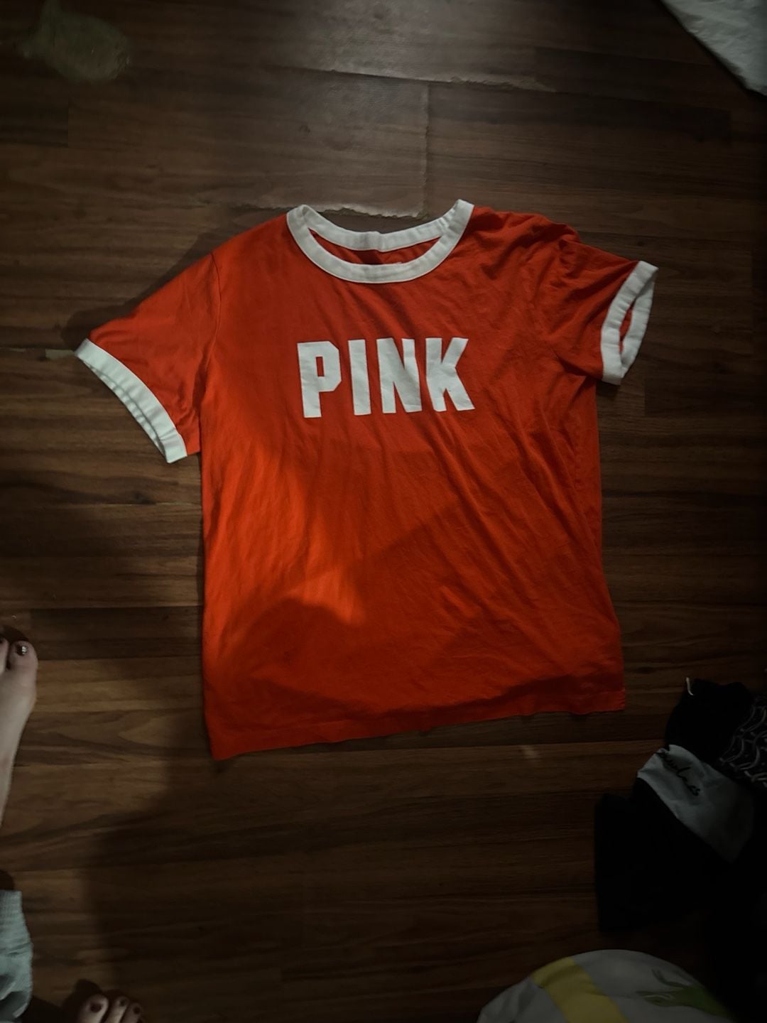 Victoria's Secret PINK Logo Campus Ringer Tee Orange White Trim XL 2