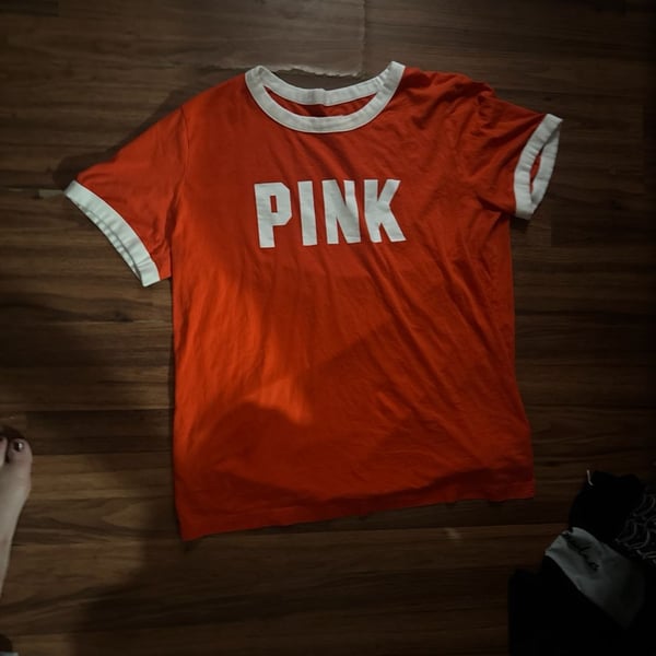 Victoria's Secret PINK Logo Campus Ringer Tee Orange White Trim XL