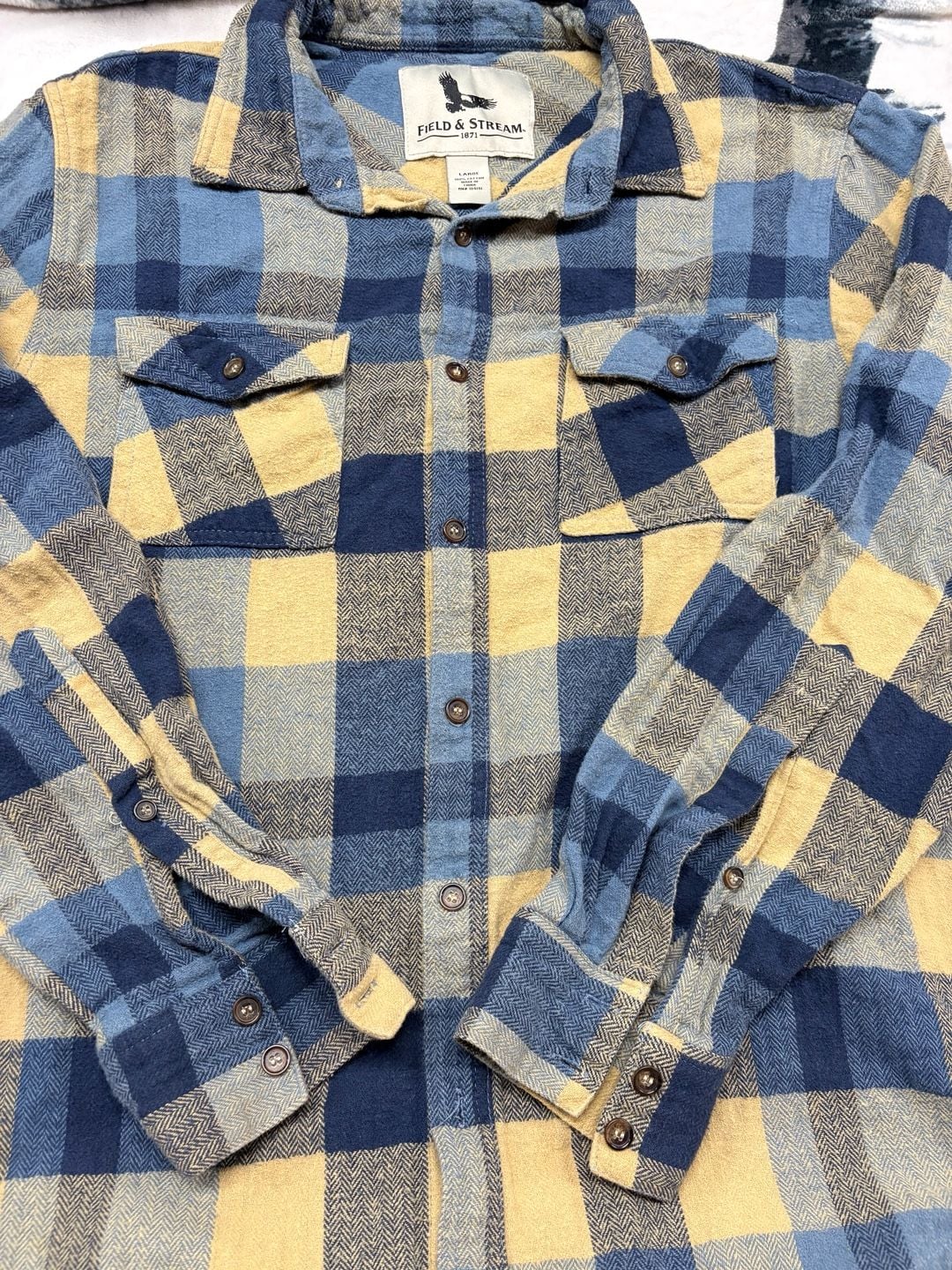 Field & Stream Blue Olive Green Buffalo Plaid Flannel Shirt Outdoor large 6