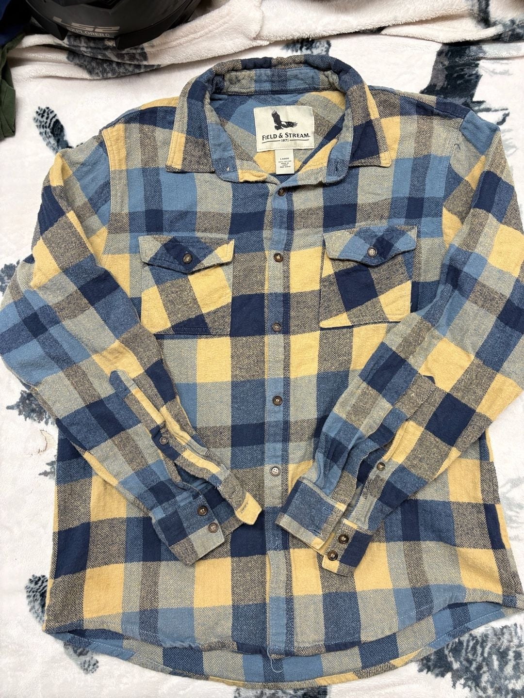 Field & Stream Blue Olive Green Buffalo Plaid Flannel Shirt Outdoor large 7