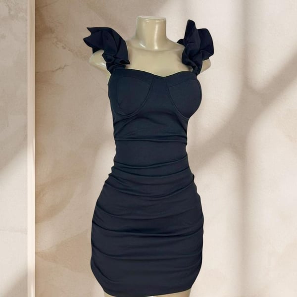 Black Ruched Mini Dress – Ruffle Strap Bodycon Corset Style Sexy Elegant ✧ L