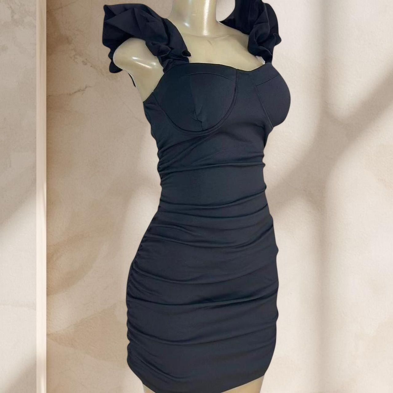 Black Ruched Mini Dress – Ruffle Strap Bodycon Corset Style Sexy Elegant ✧ L 3