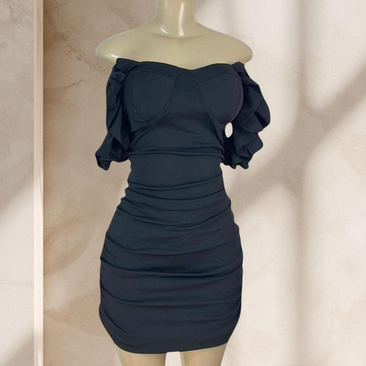 Black Ruched Mini Dress – Ruffle Strap Bodycon Corset Style Sexy Elegant ✧ L 4
