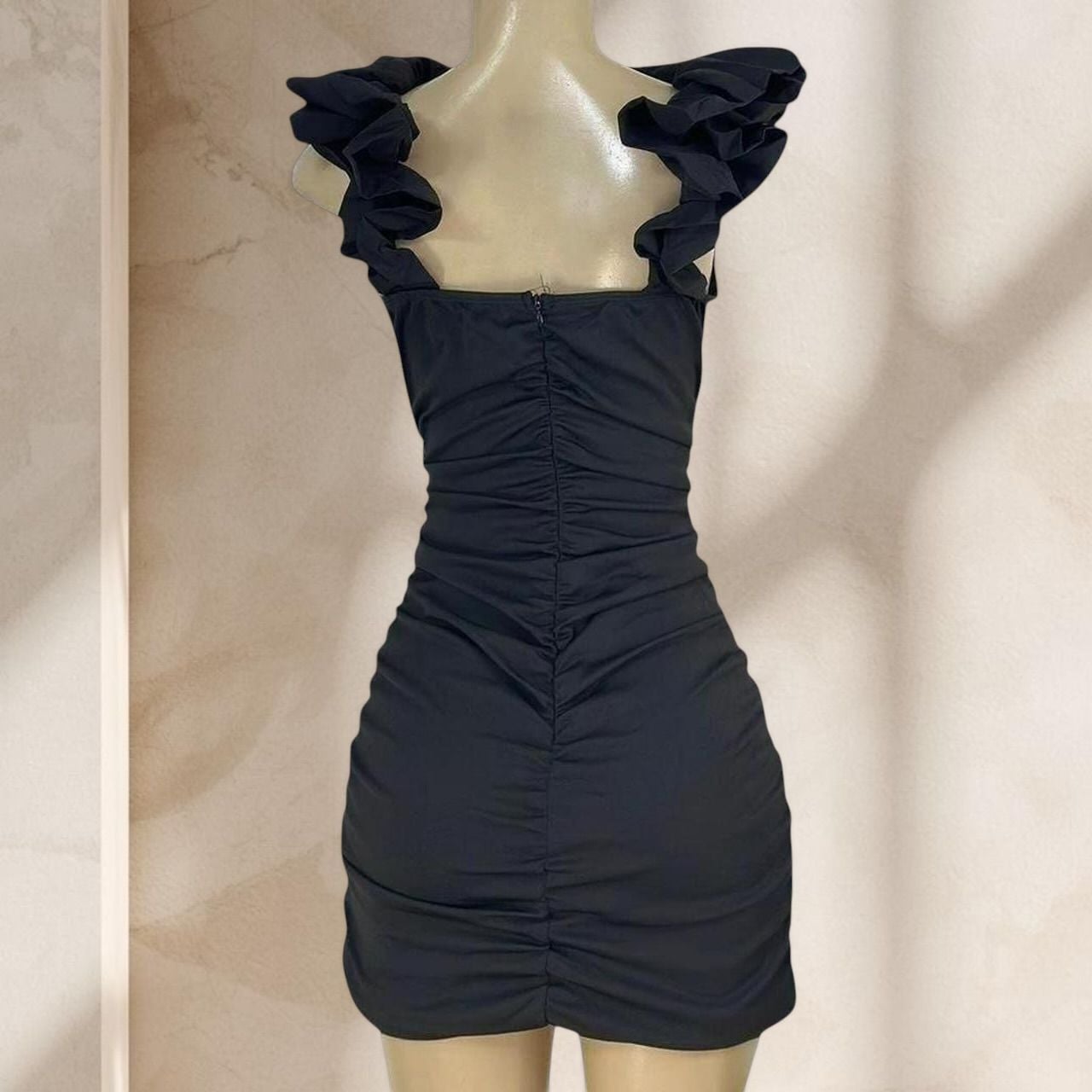 Black Ruched Mini Dress – Ruffle Strap Bodycon Corset Style Sexy Elegant ✧ L 5