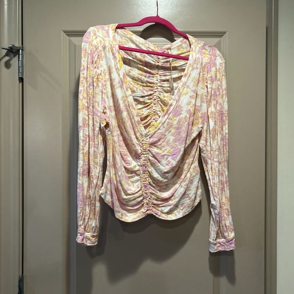 NWT Women's FREE PEOPLE Yellow Floral Tie Neck Blouse Size Medium - MSRP