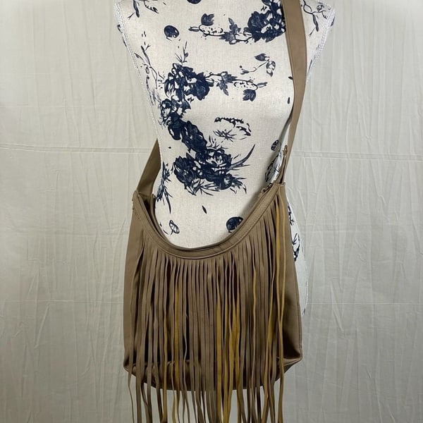 LULU Tan Faux Leather Fringe Crossbody Bag, Boho Chic Fringe Hobo