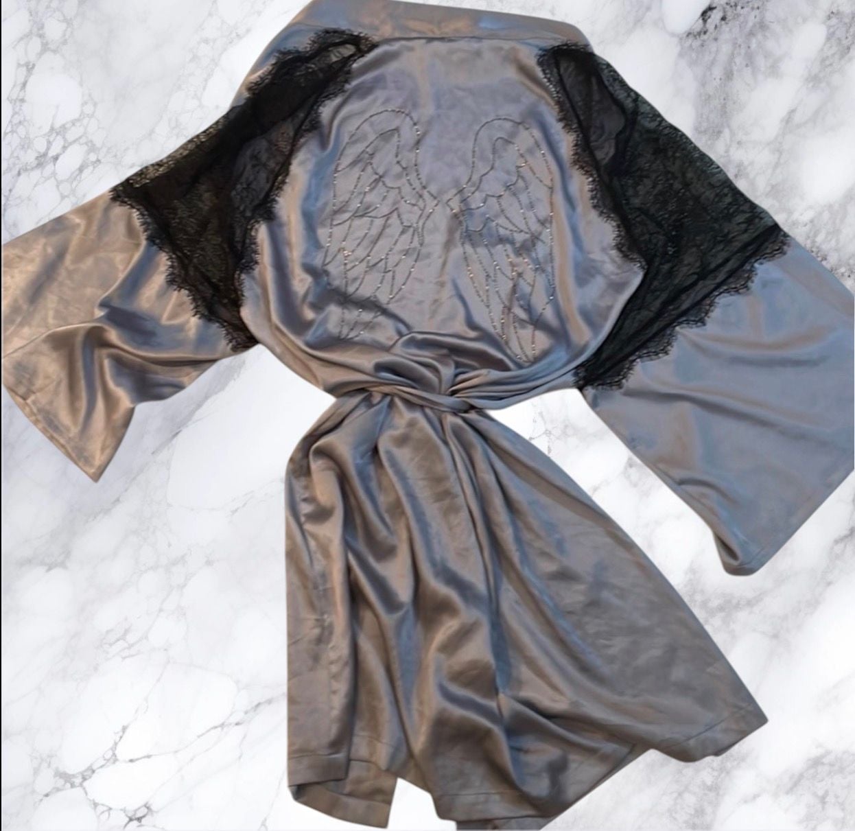 Victoria’s Secret Satin Lace Robe Angel Wings Gray Kimono M/L 9
