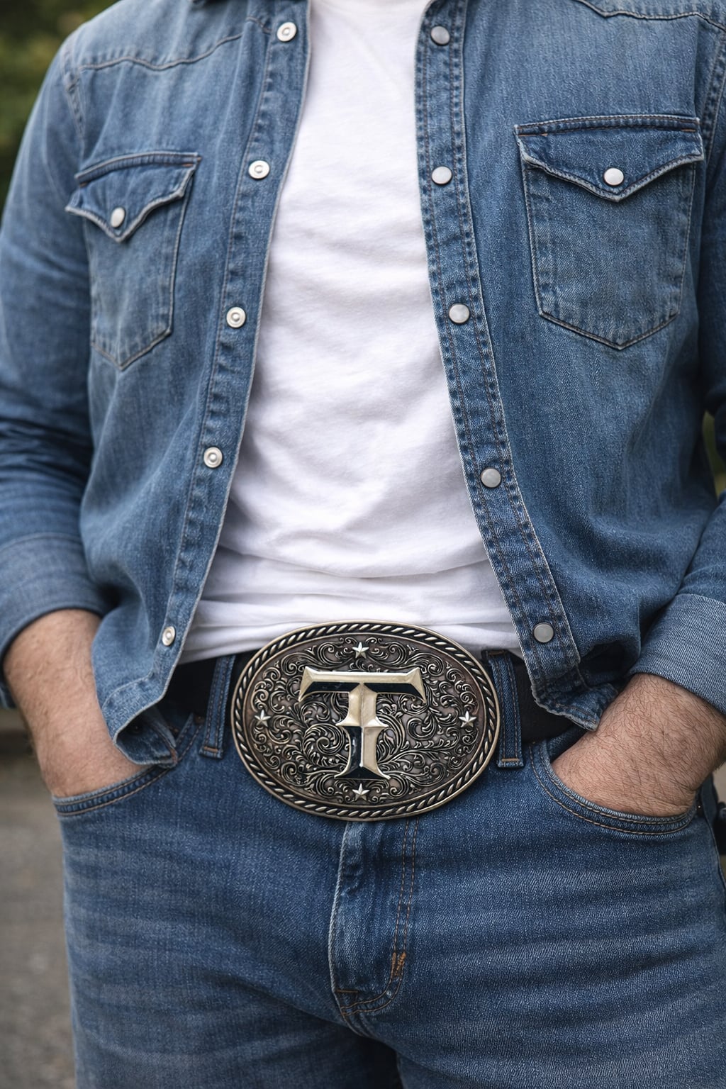 Western Vintage Initial Letter T Oval Belt Buckle Silver Floral Rodeo Style 2