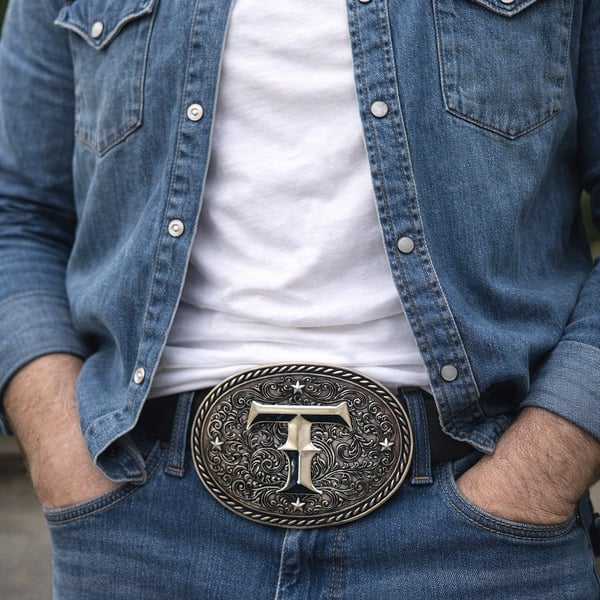 Western Vintage Initial Letter T Oval Belt Buckle Silver Floral Rodeo Style
