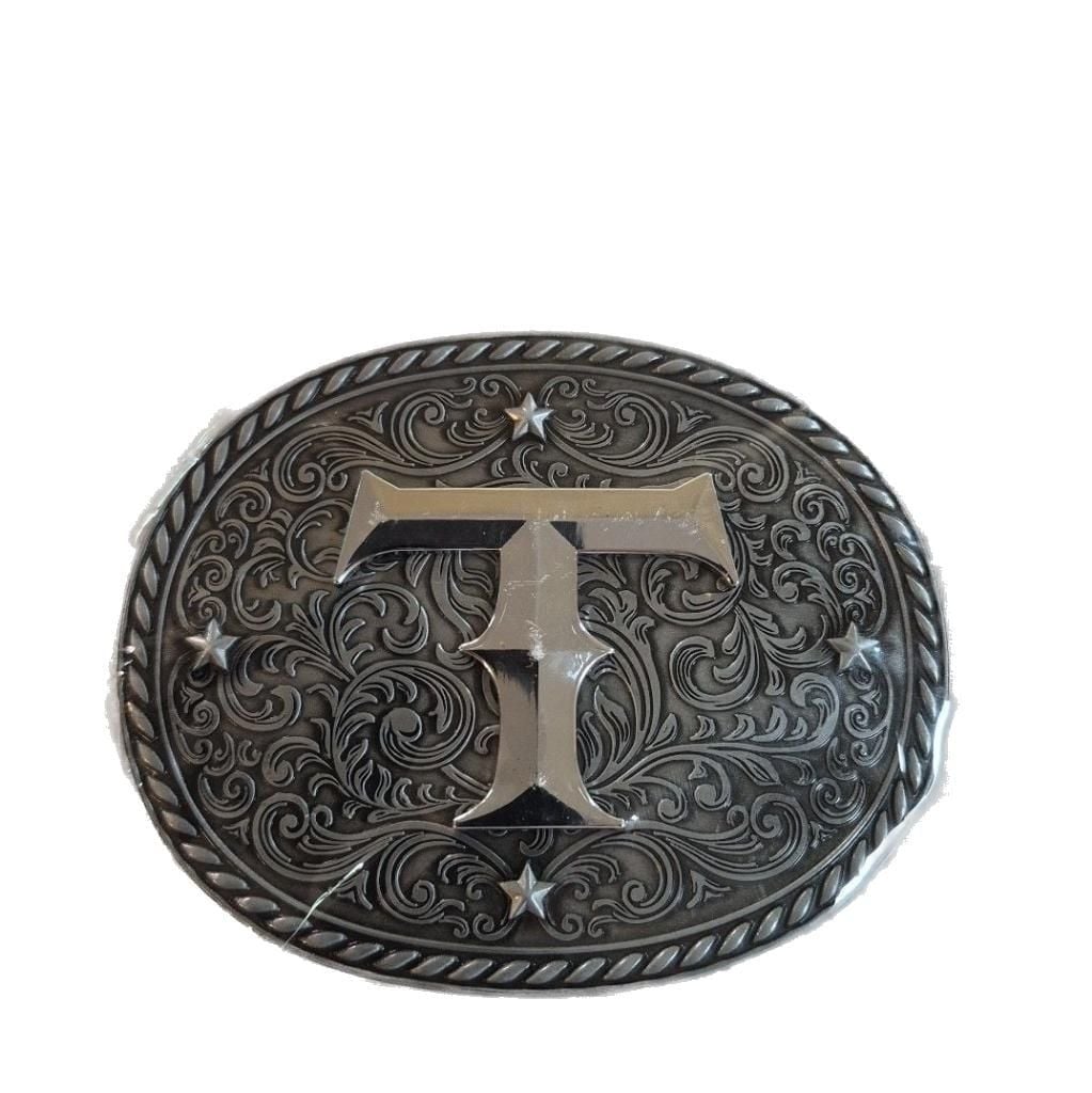 Western Vintage Initial Letter T Oval Belt Buckle Silver Floral Rodeo Style 3
