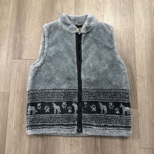 Vintage Bear Ridge Outfitters Grey Faux Fur Wolf & Paw Print Fleece Vest Made in USA Size Large
