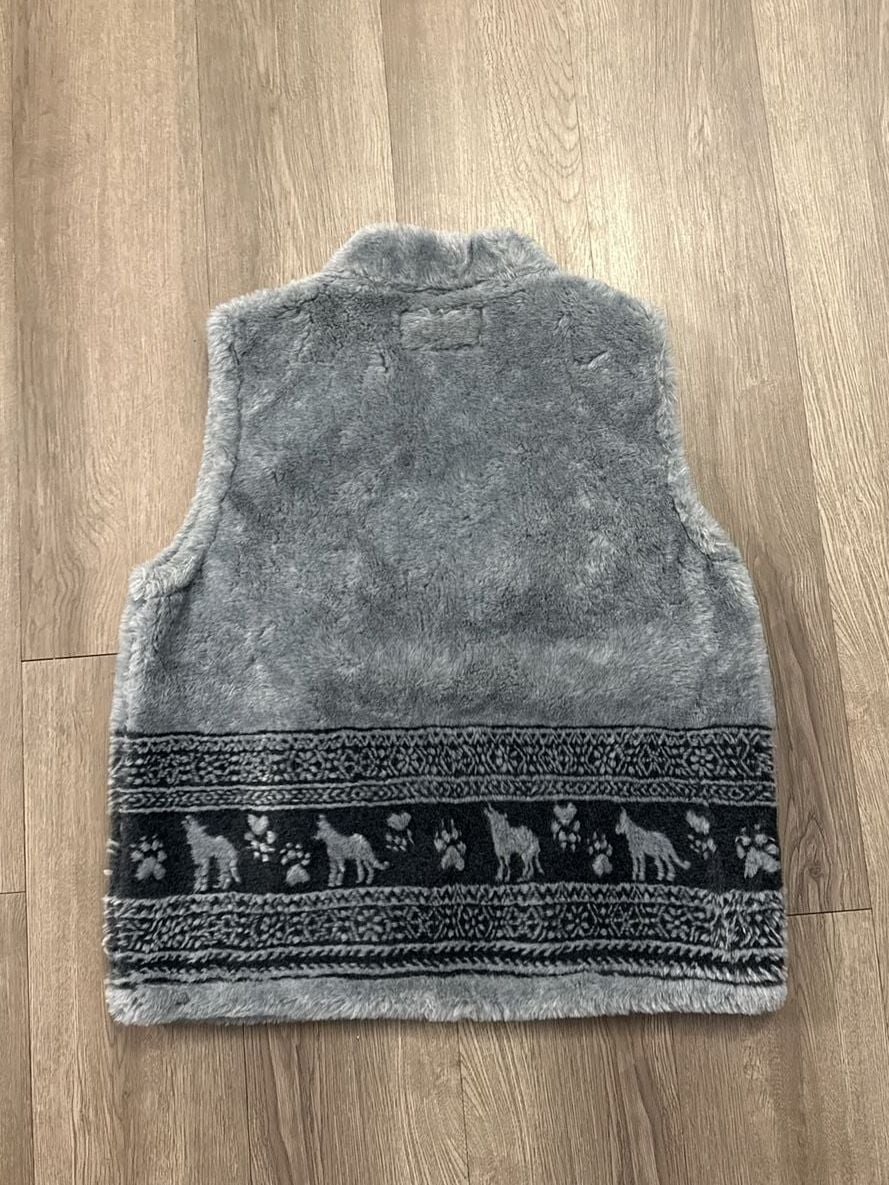 Vintage Bear Ridge Outfitters Grey Faux Fur Wolf & Paw Print Fleece Vest Made in USA Size Large 4