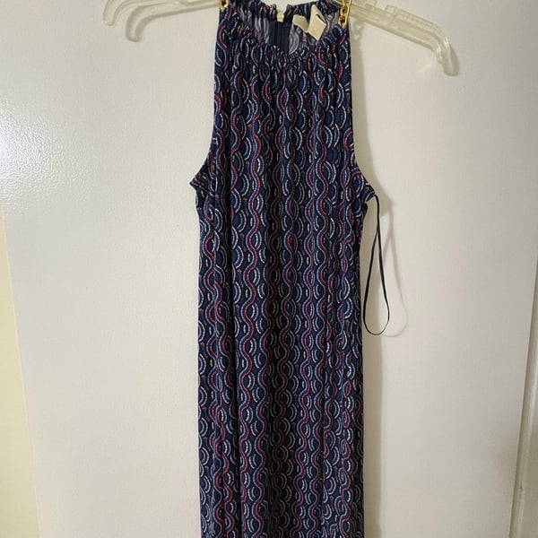 Michael Kors XS Blue and Red Geometric Print Chain Detail Halter Mini Dress