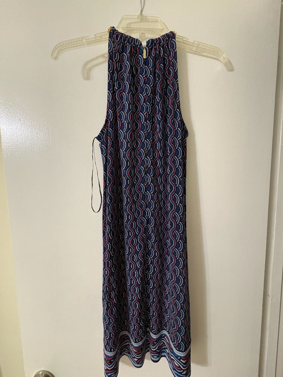 Michael Kors XS Blue and Red Geometric Print Chain Detail Halter Mini Dress 4