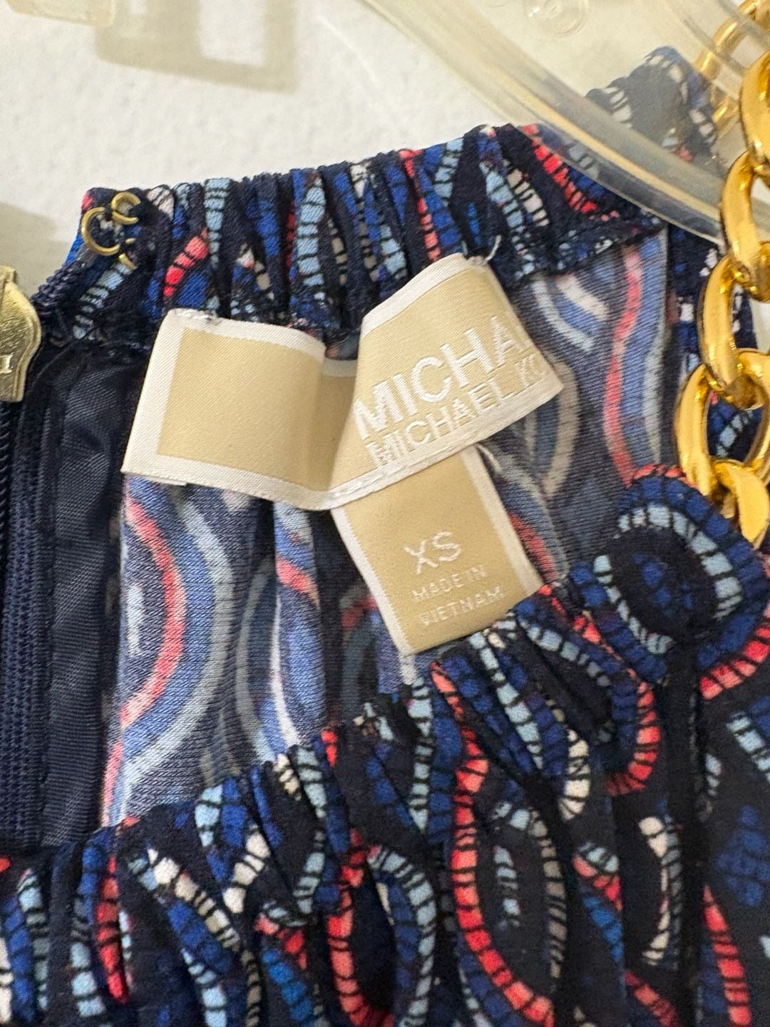 Michael Kors XS Blue and Red Geometric Print Chain Detail Halter Mini Dress 9