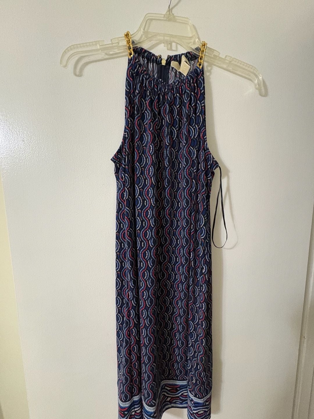 Michael Kors XS Blue and Red Geometric Print Chain Detail Halter Mini Dress 10