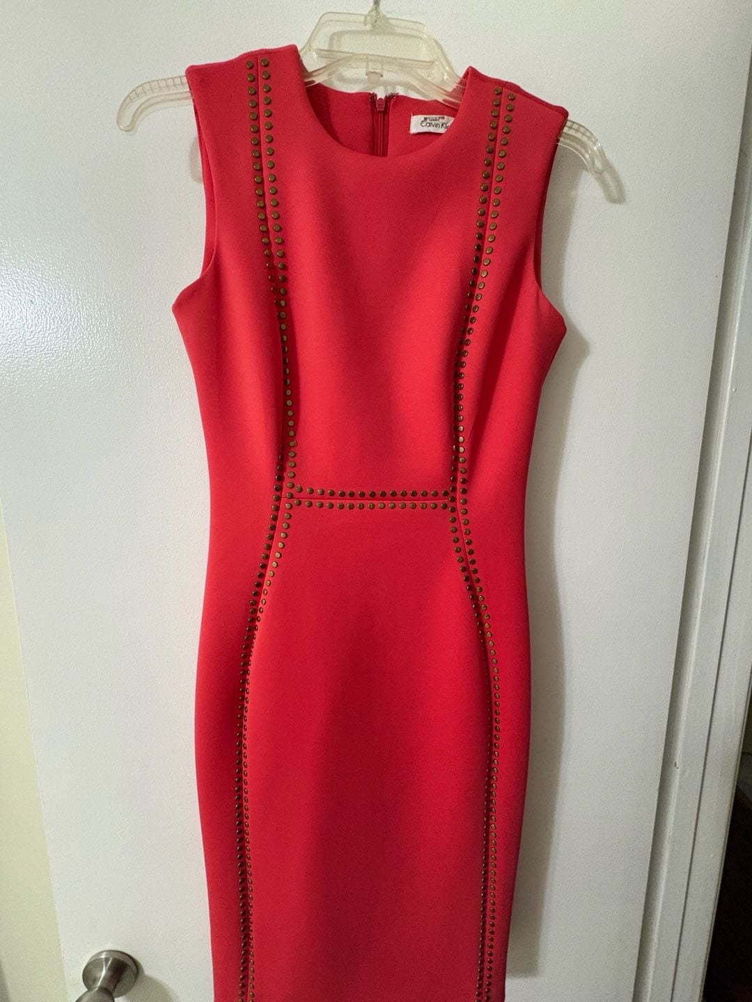Calvin Klein Sleeveless Studded Sheath Dress in coral 1