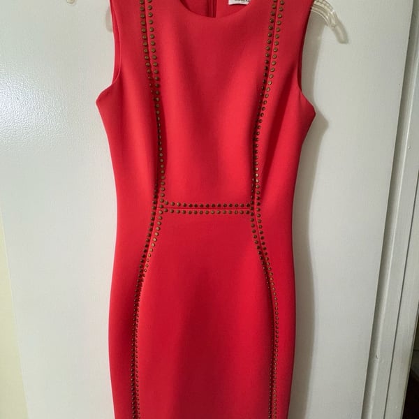 Calvin Klein Sleeveless Studded Sheath Dress in coral