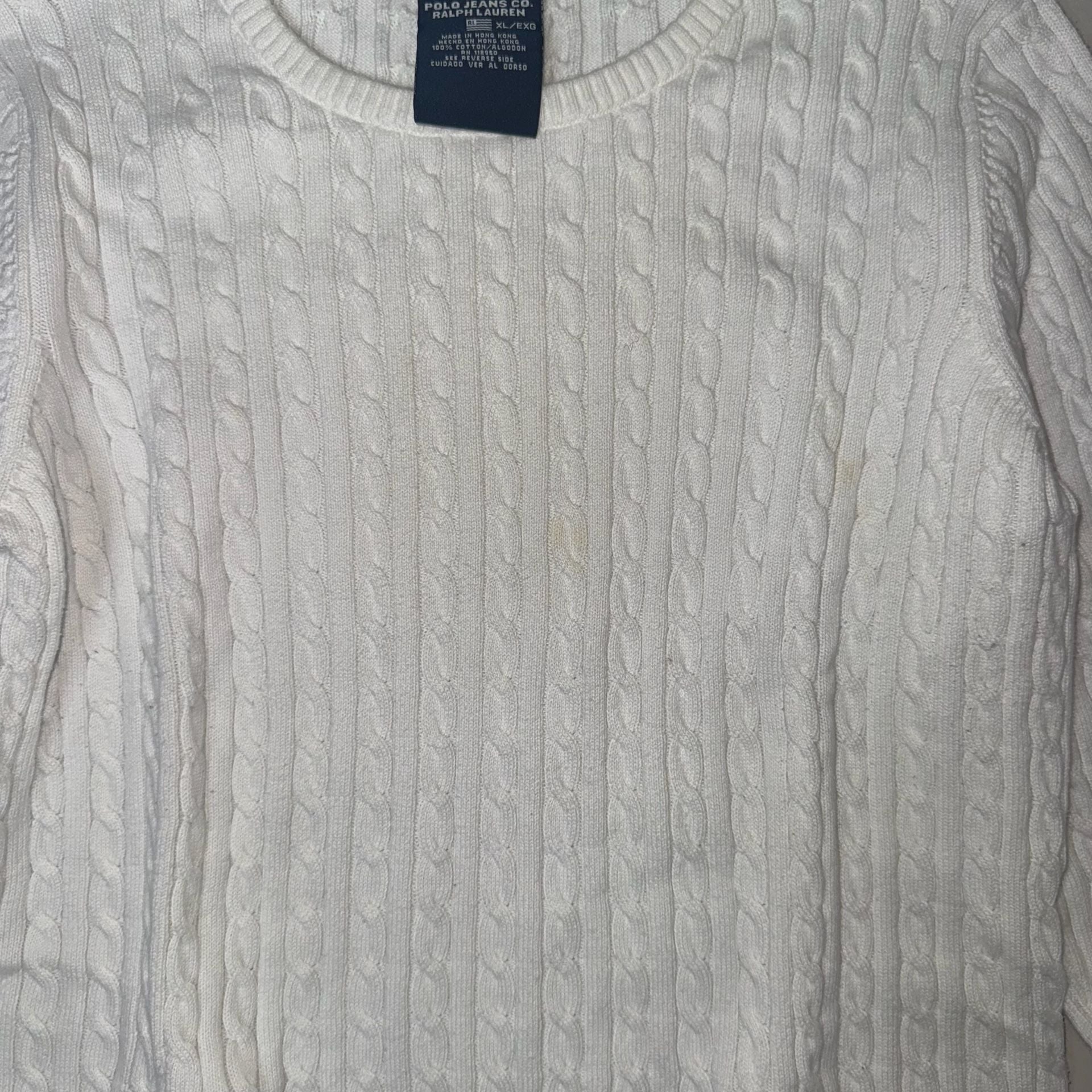 Vintage Ralph Lauren Polo Jeans Co. White Cable Knit Crewneck Sweater Size XL 8