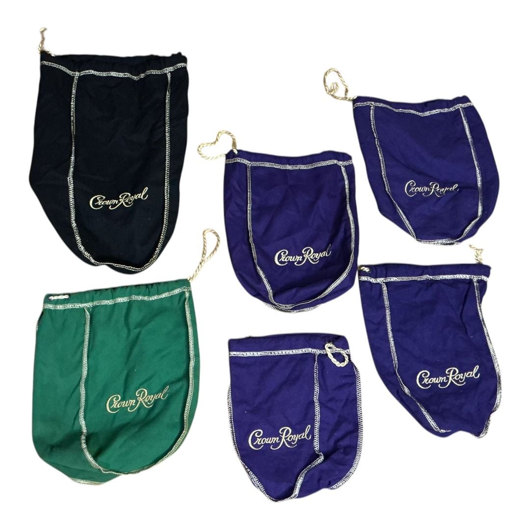 💟Lot of 6 Crown Royal Drawstring Bags Purple Black and Green 1
