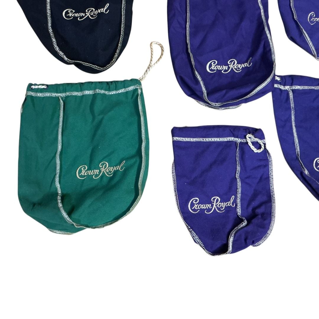 💟Lot of 6 Crown Royal Drawstring Bags Purple Black and Green 2