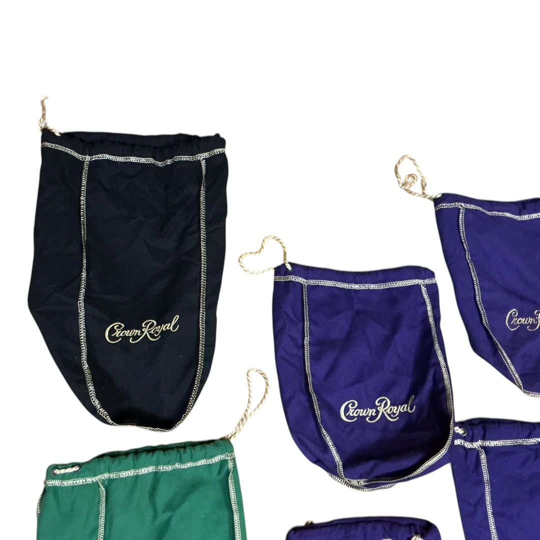 💟Lot of 6 Crown Royal Drawstring Bags Purple Black and Green 3