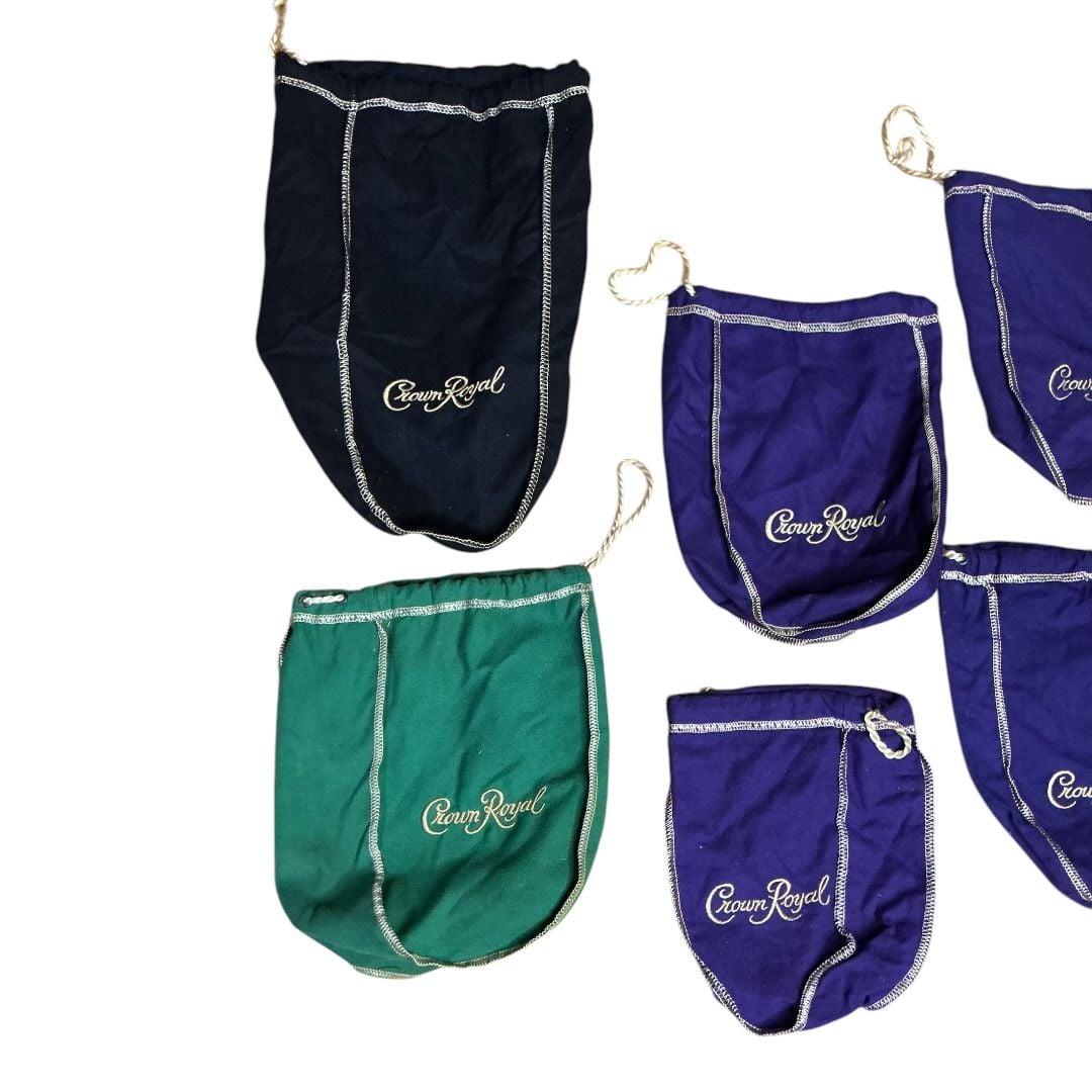 💟Lot of 6 Crown Royal Drawstring Bags Purple Black and Green 5