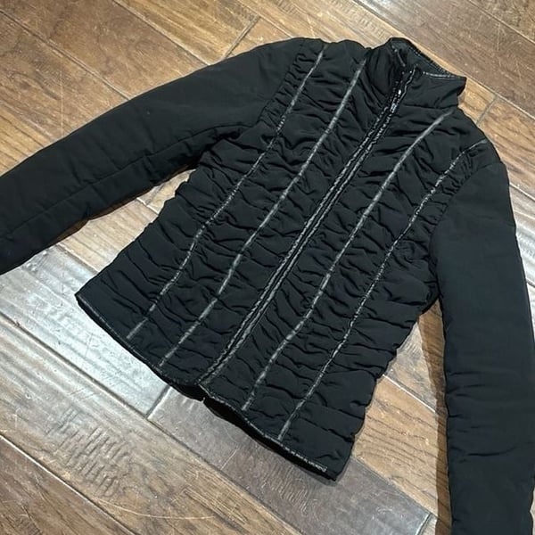 Larry Levine Women's Black Ruched Zip-Up Jacket with Faux Leather Trim