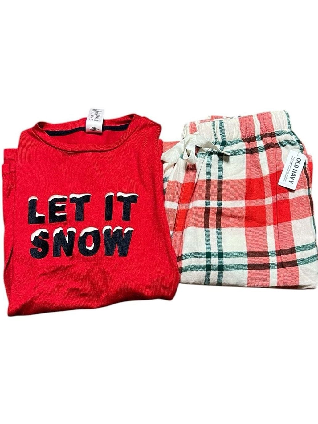Women's Christmas Holiday Pajama Set - Red 'Let It Snow' Top & Red Plaid Flannel Pants (Old Navy) 1