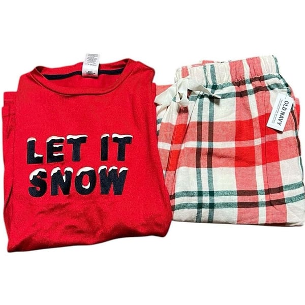 Women's Christmas Holiday Pajama Set - Red 'Let It Snow' Top & Red Plaid Flannel Pants (Old Navy)