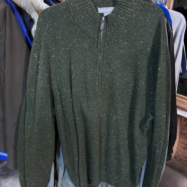 Daniel Cremieux Signature Collection Men's Loden Green Speckled Quarter-Zip Wool Cashmere Sweater
