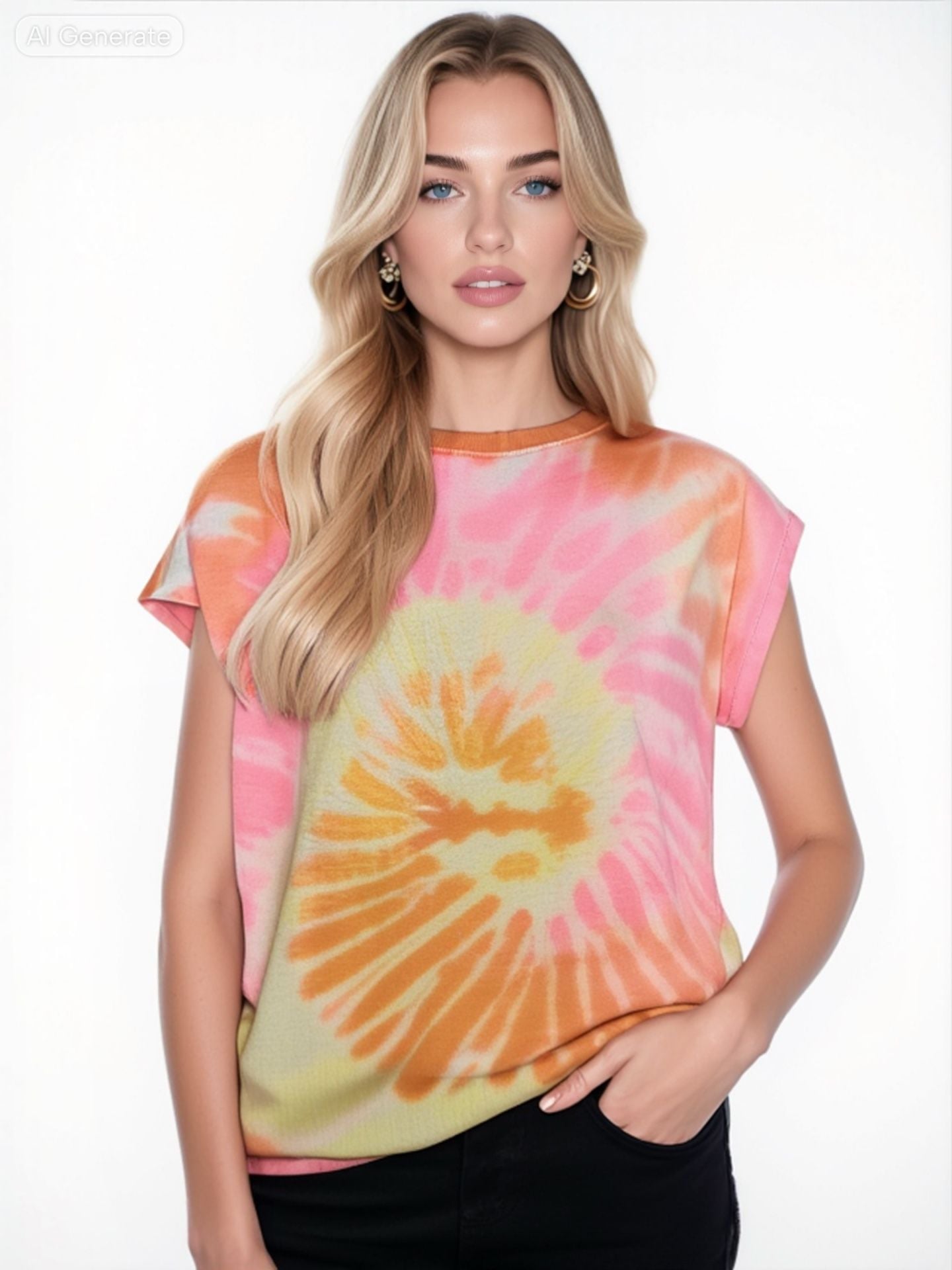 Jane and Delancey Orange and Pink Tie-Dye Cap Sleeve Drawstring Hem Sweatshirt 2