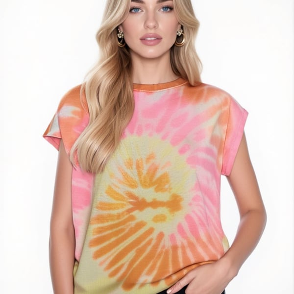Jane and Delancey Orange and Pink Tie-Dye Cap Sleeve Drawstring Hem Sweatshirt