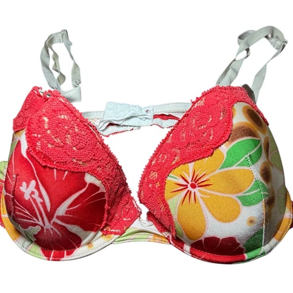 Victoria's Secret Vintage Tropical Hibiscus Floral Lace Trim Push Up Bra