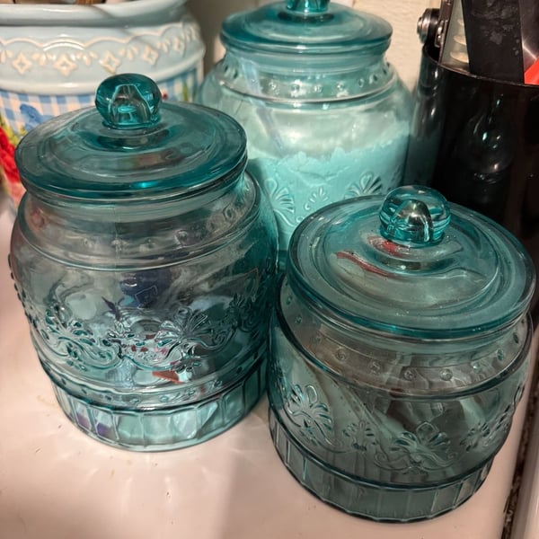 The Pioneer Woman Cassie Embossed Teal Glass 3-Piece Canister Set