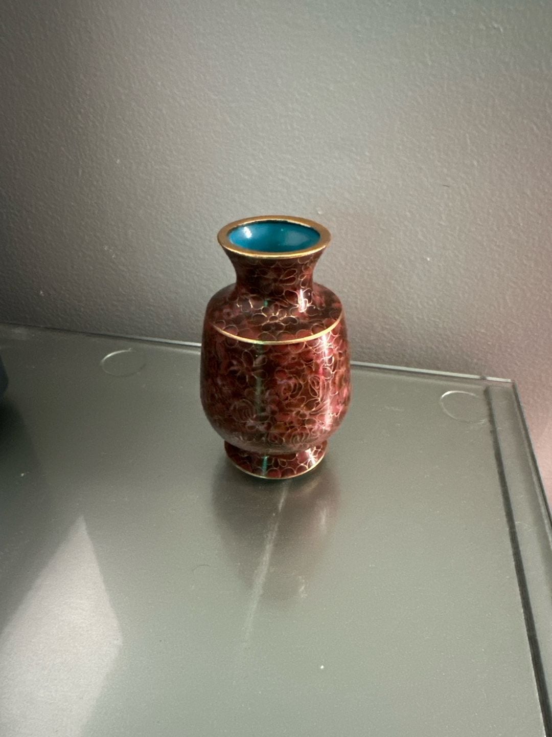 Vintage Chinese Miniature Cloisonne Enamel Floral Vase with Turquoise Interior 1