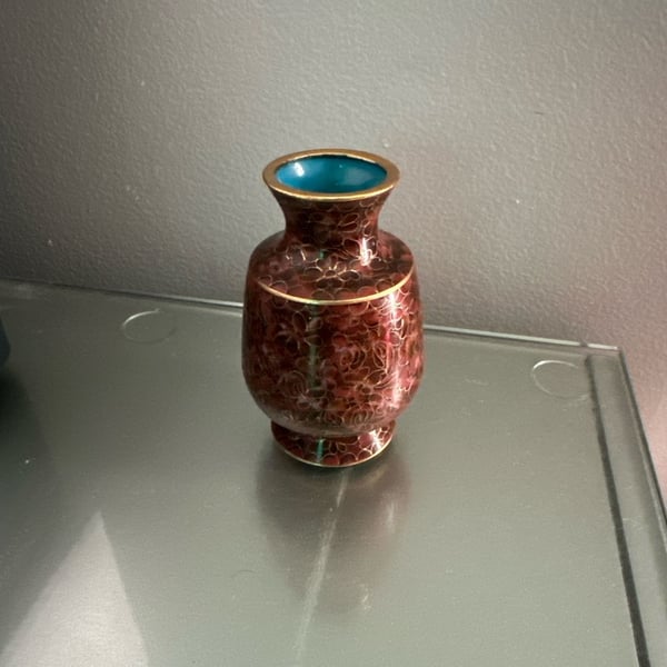 Vintage Chinese Miniature Cloisonne Enamel Floral Vase with Turquoise Interior