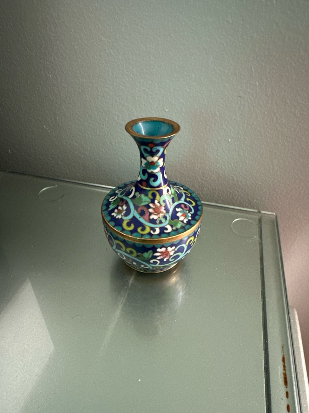 Vintage Chinese Cloisonné Miniature Floral Vase Cobalt Blue Enamel On Brass 1