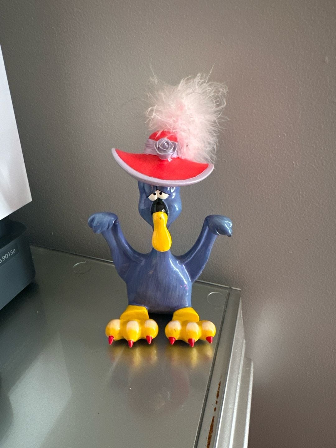 Purple Bird with Red Hat Ceramic Card and Photo Holder with Fuzzy Feathers 1