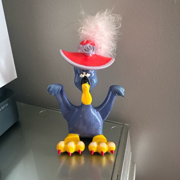 Purple Bird with Red Hat Ceramic Card and Photo Holder with Fuzzy Feathers