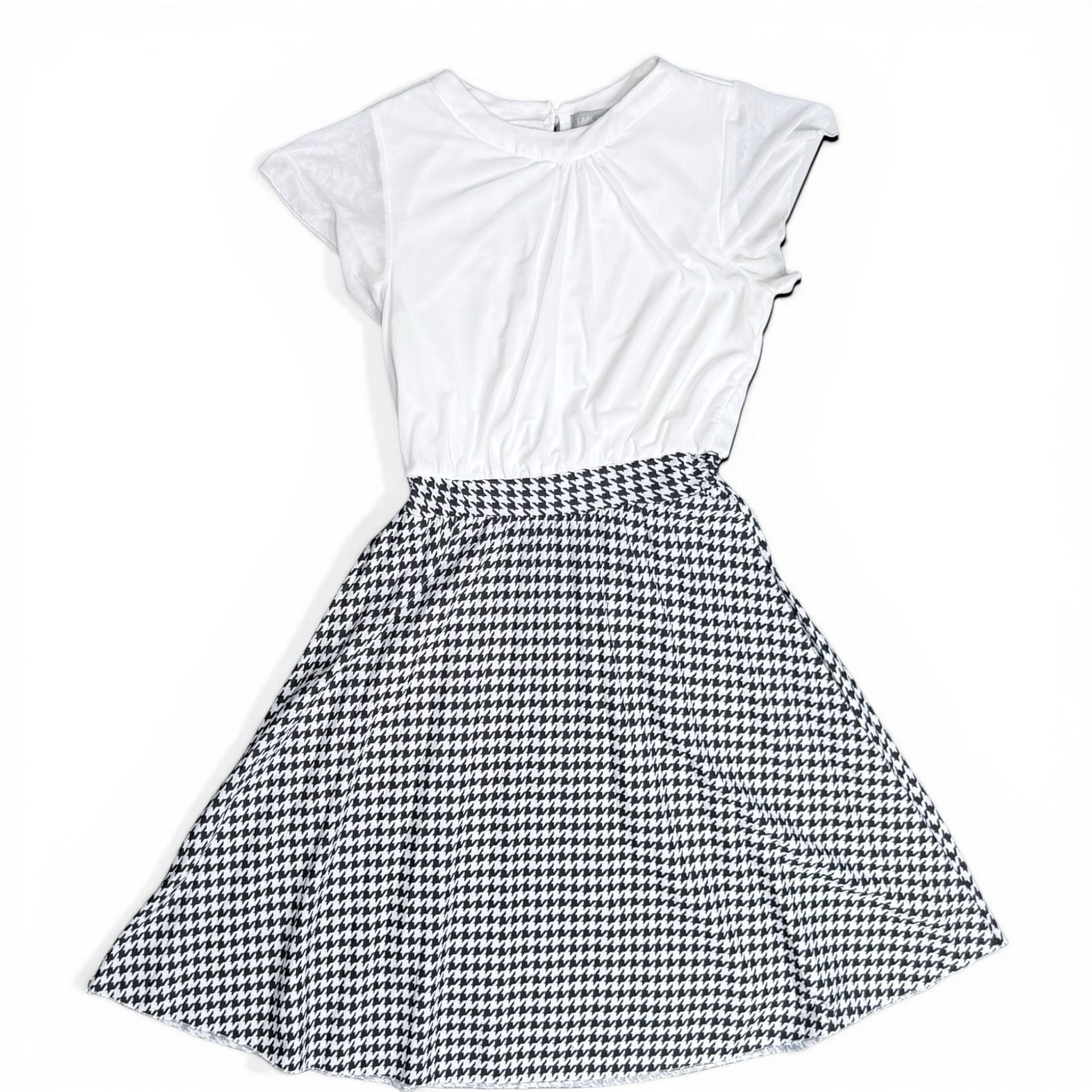 LARK + GREY White Short Sleeve Bodice Houndstooth Skater Dress 2
