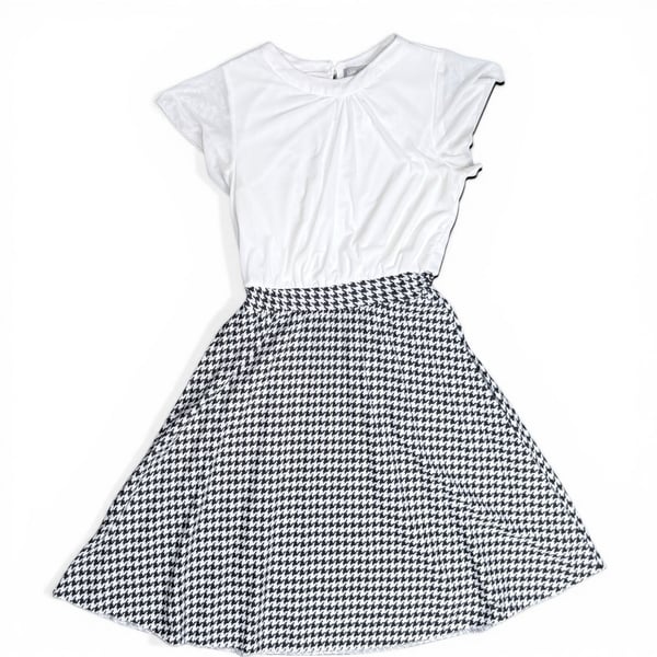 LARK + GREY White Short Sleeve Bodice Houndstooth Skater Dress