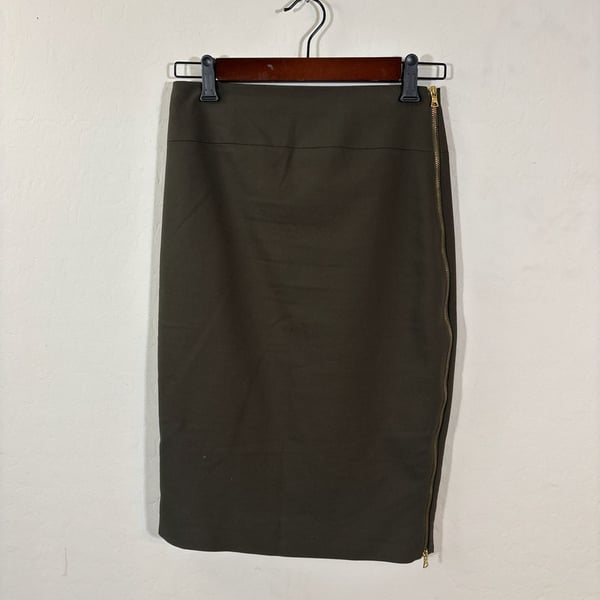 Express Olive Green Side Gold Zipper Pencil Midi Skirt Size 2