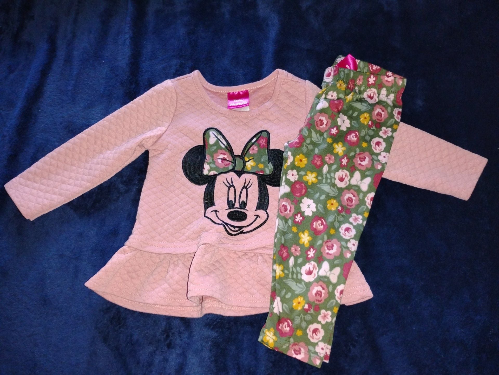 Disney Minnie Mouse Infant Girls Quilted Peplum Top and Floral Leggings 2pc Set, 18M 1