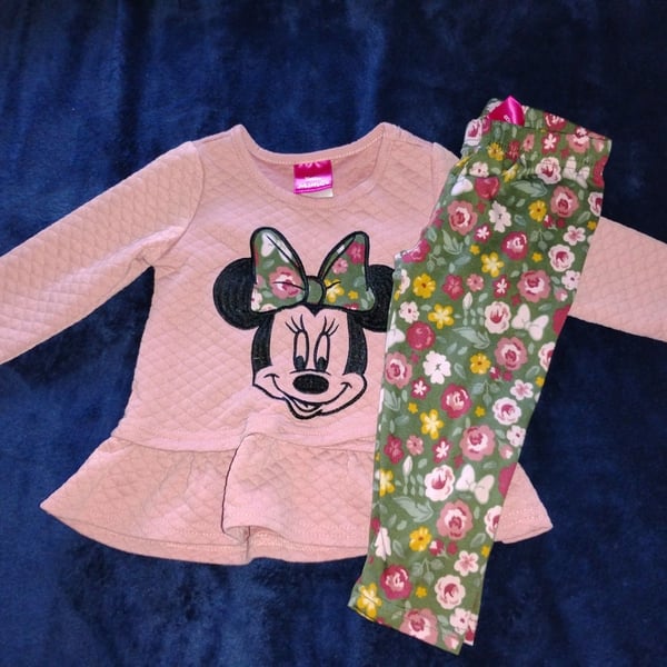Disney Minnie Mouse Infant Girls Quilted Peplum Top and Floral Leggings 2pc Set, 18M