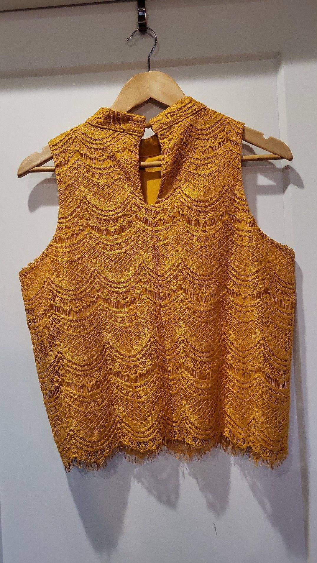 Haute Monde Mustard Yellow Sleeveless High Neck Lace Top, L 3