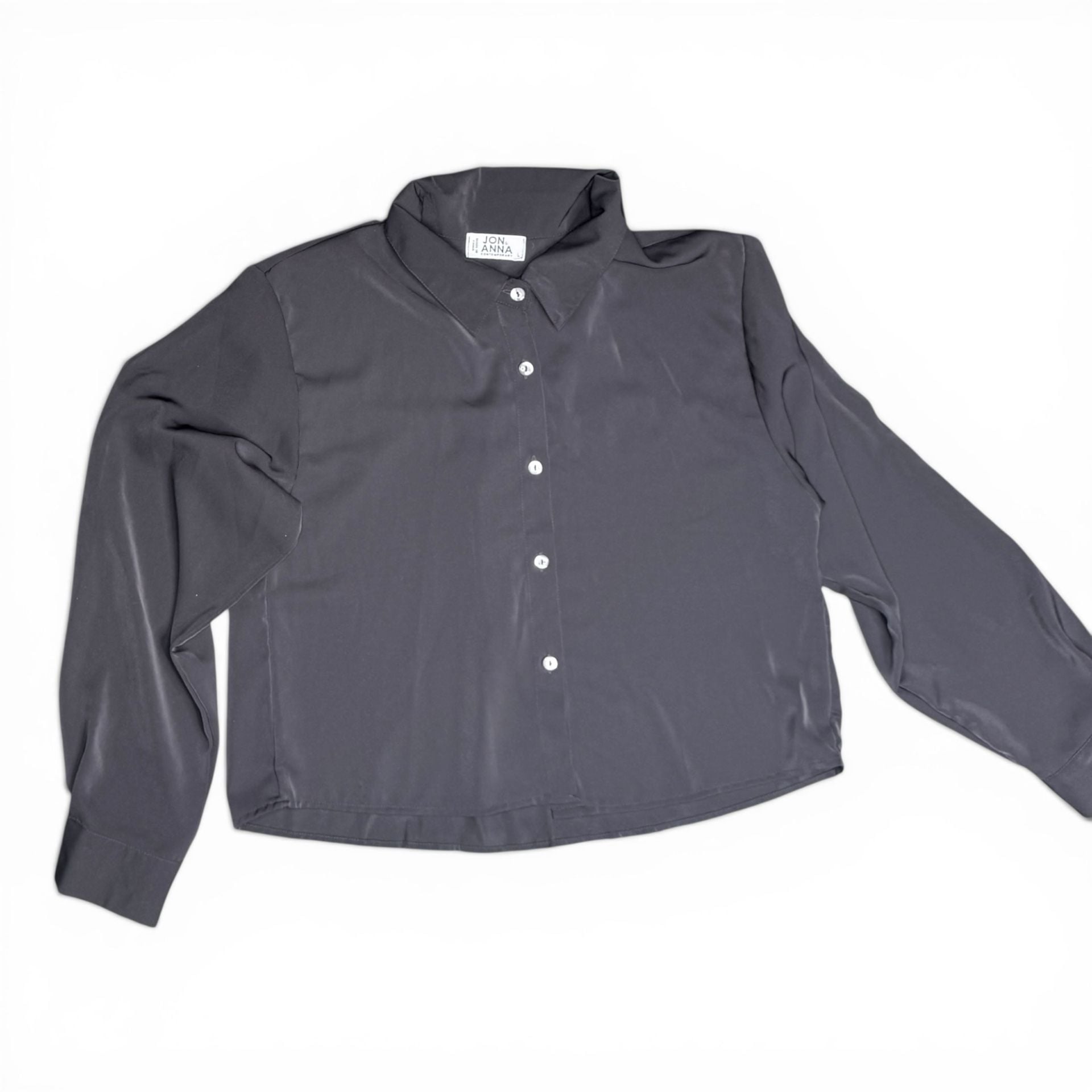 Jon & Anna Contemporary Grey Silky Cropped Long Sleeve Button Down Shirt 2