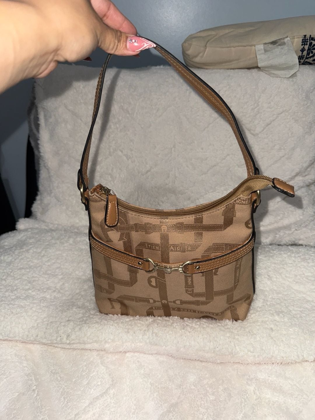 Etienne Aigner Tan Jacquard Monogram Shoulder Bag with Horsebit Detail 2
