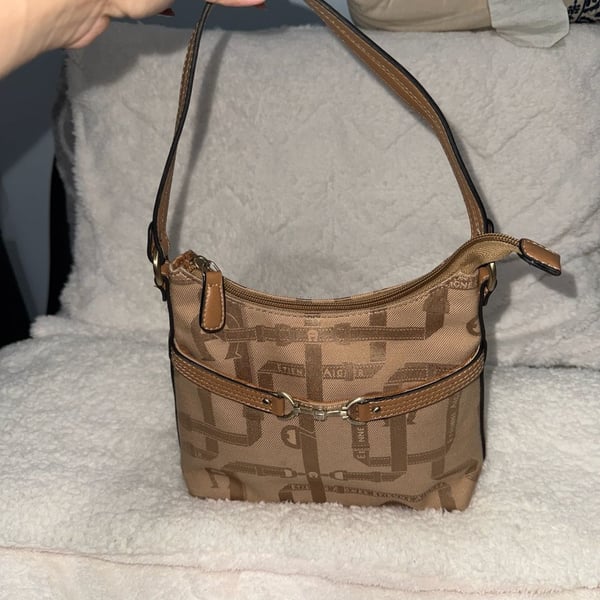 Etienne Aigner Tan Jacquard Monogram Shoulder Bag with Horsebit Detail