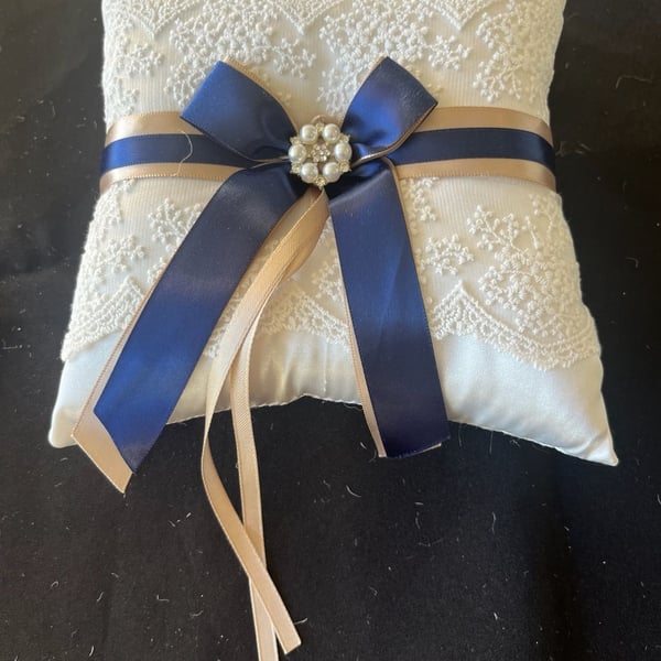 Lace Wedding Ring Bearer Pillow with Navy Blue and Gold Satin Ribbons